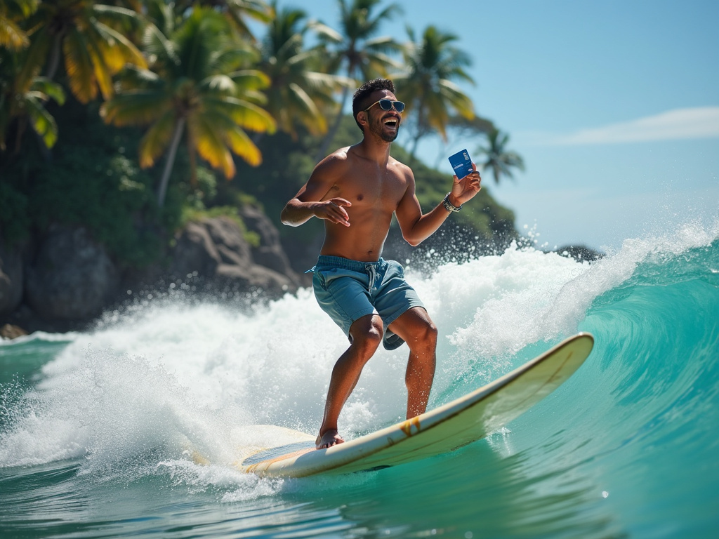 on the surf with palm and bank card waluetta AI