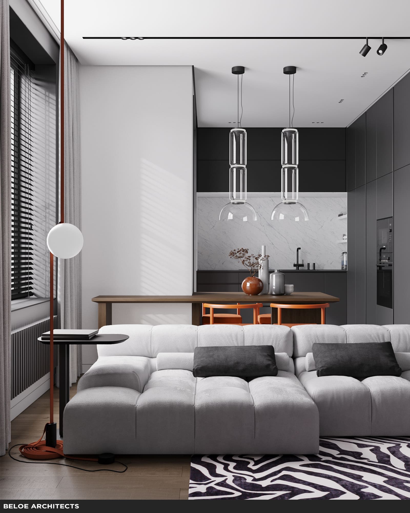 Дизайн гостиной в квартире жилого комплекса Мой Ритм в Казани от студии beloe architects