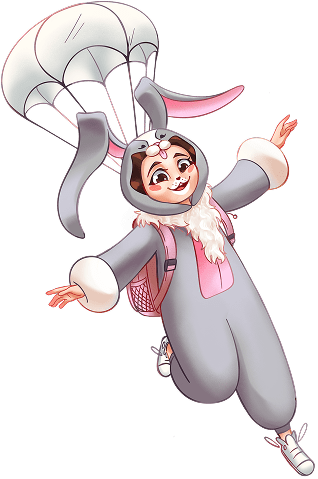 An illustration of a girl in a cute gray bunny costume for a performance jumping from a parachute