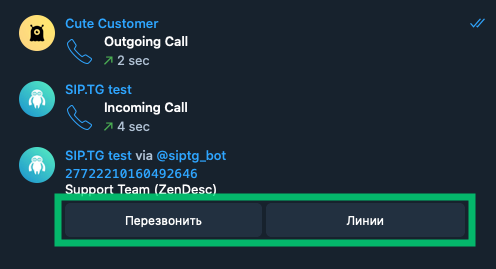 Настройка функций "Перезвонить" и "Линии" для истории звонков пользователей Telegram на аккаунт Шлюза