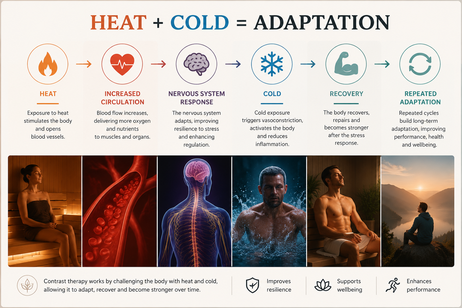  Infographic explaining how sauna and cold plunge benefits work through repeated heat and cold exposure, promoting circulation, nervous system adaptation, recovery and long-term resilience.