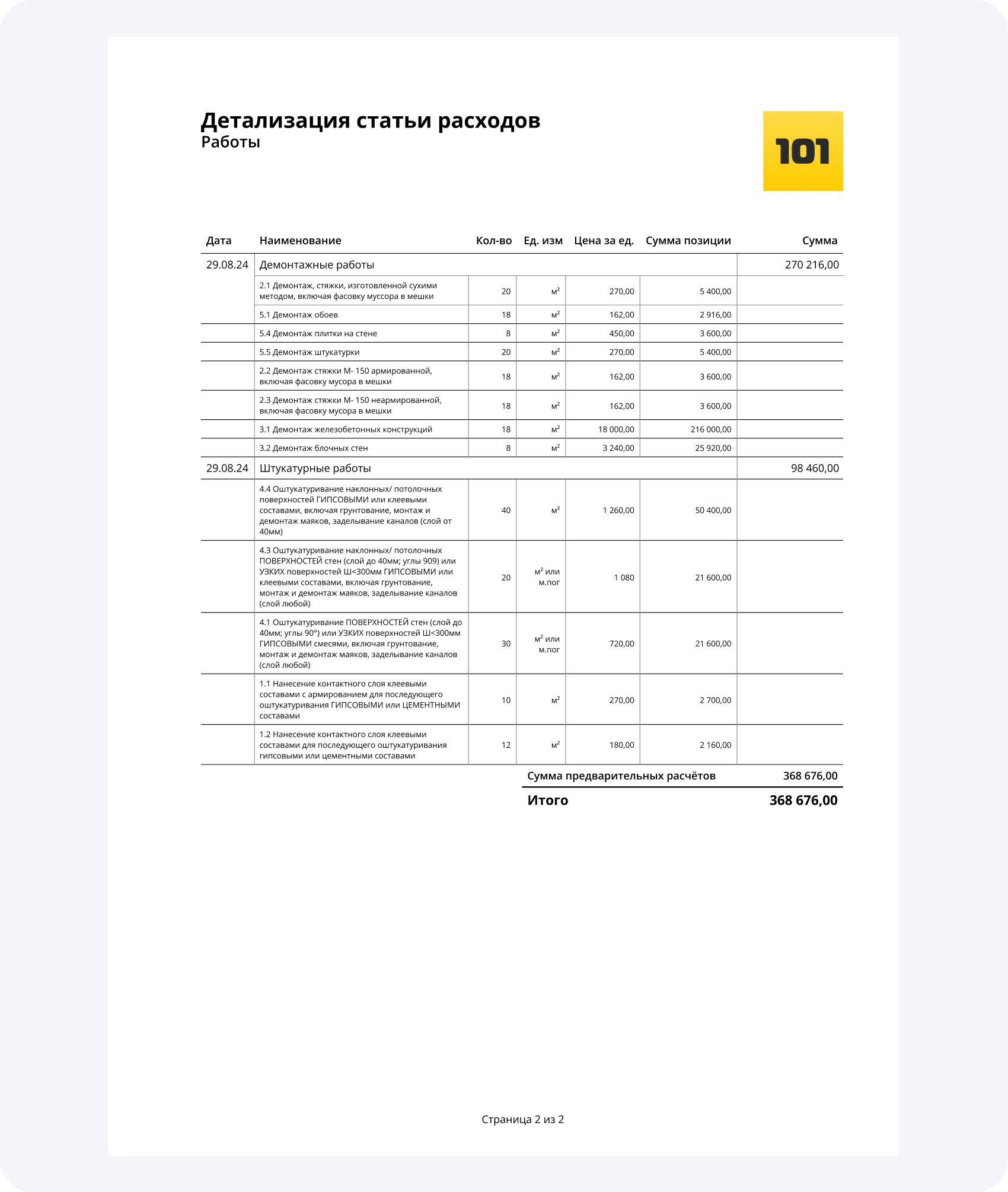 Предварительный расчет, сформированный в приложении 101