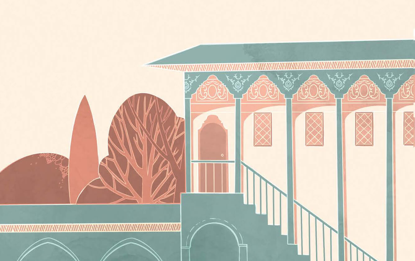 Пушкин. Бахчисарайский фонтан. Иллюстрация восточного дворца с изящными колоннами и декоративными узорами, выполненная в пастельных тонах