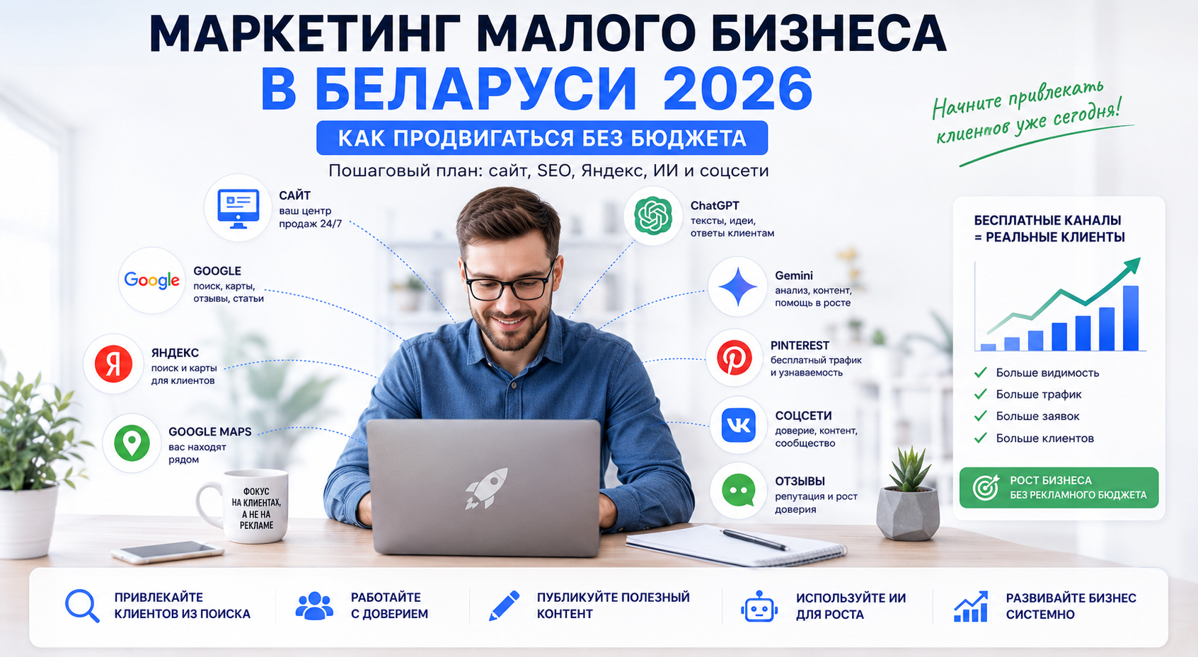 Маркетинг малого бизнеса в Беларуси 2026: пошаговый план продвижения без бюджета с помощью сайта, SEO, Google Business Profile, Яндекс.Бизнеса, искусственного интеллекта и социальных сетей.