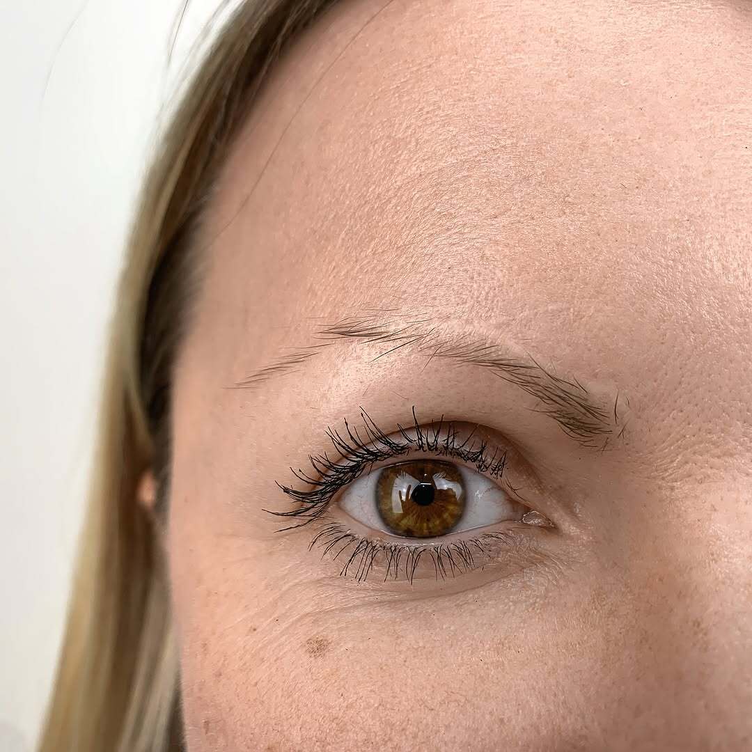 Close-up of healed powder brows – Soft, natural-looking eyebrow shading created with permanent makeup at PMU Culture in Hallandale Beach, FL.