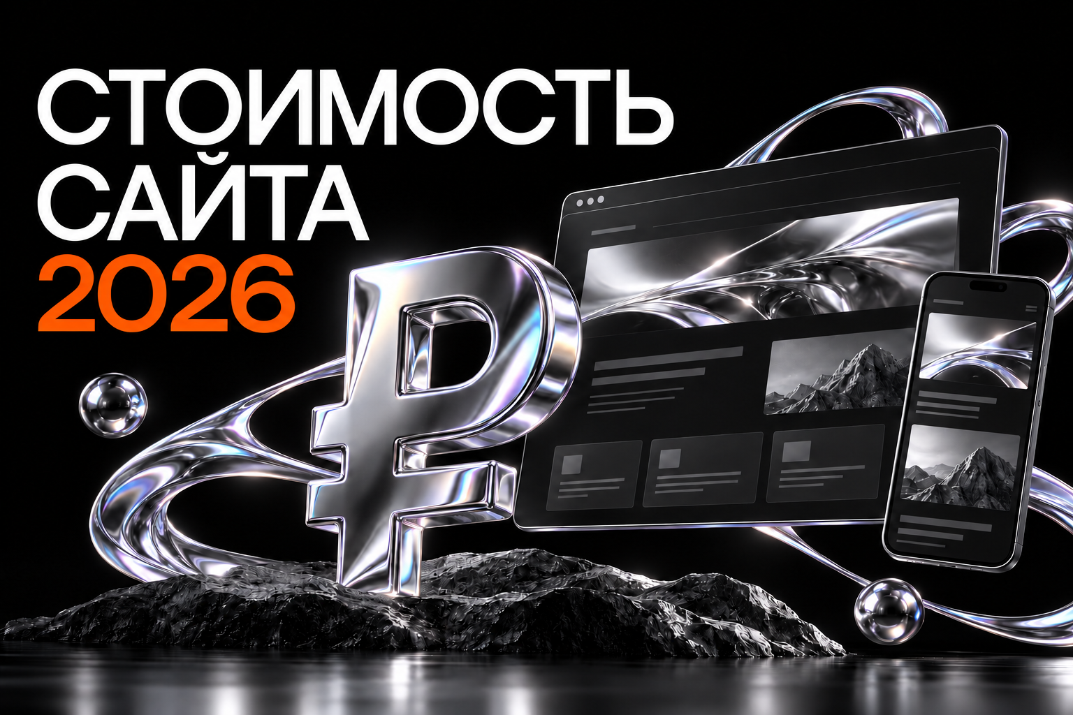 Стоимость разработки сайта в 2026 году: символ рубля и макеты сайта на компьютере и смартфоне.