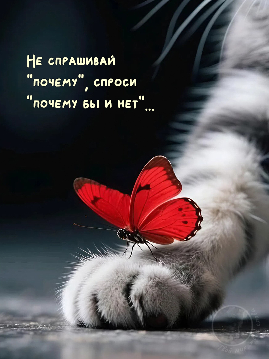 Картинки с добрыми цитатами: красная бабочка на белой лапке с мудрым советом 