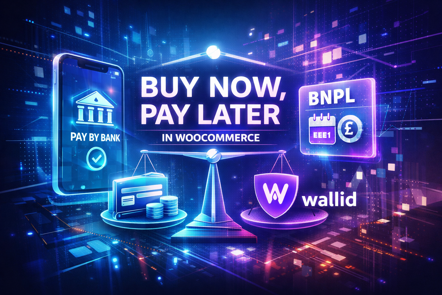 Futuristic illustration of buy now pay later in WooCommerce showing BNPL and pay-by-bank payment models balanced on digital scales with Wallid branding.