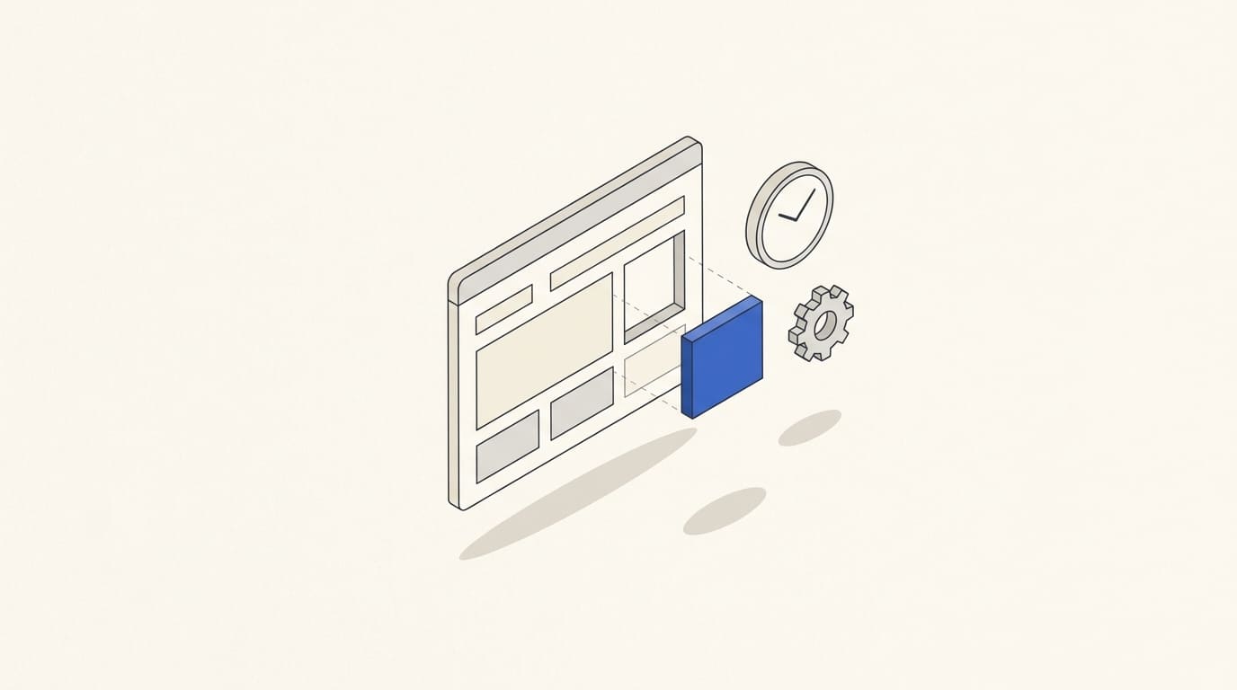 A website layout with a replaceable blue block, a gear and a clock illustrating hourly maintenance.