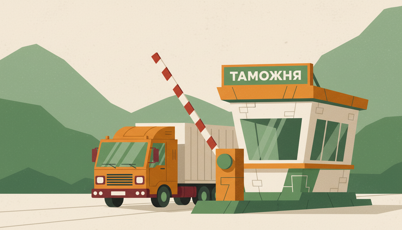 Оранжевый грузовик стоит у шлагбаума перед зданием таможни с вывеской на русском языке в горной местности