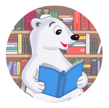 Белый мишка Умка с синей книгой в руках на фоне полок с книгами