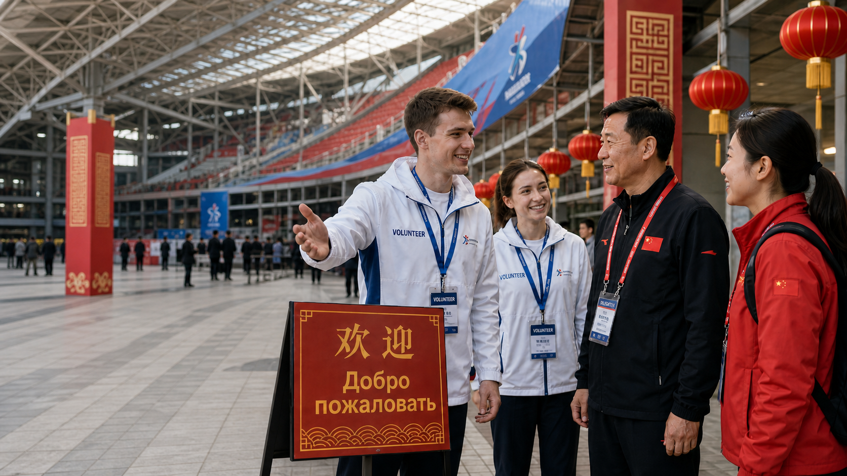 Волонтёр в форме X Российско-китайских молодёжных игр помогает китайскому спортсмену с навигацией.