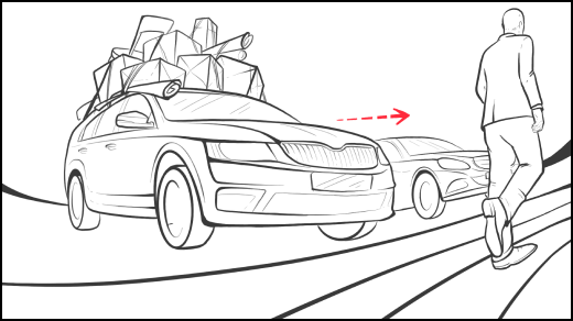 Storyboard gráfico: un hombre se aleja de un coche sobrecargado, situación vial tensa.