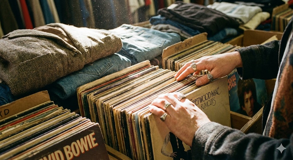 Процесс выбора винтажных вещей и пластинок на полках комиссионного магазина 