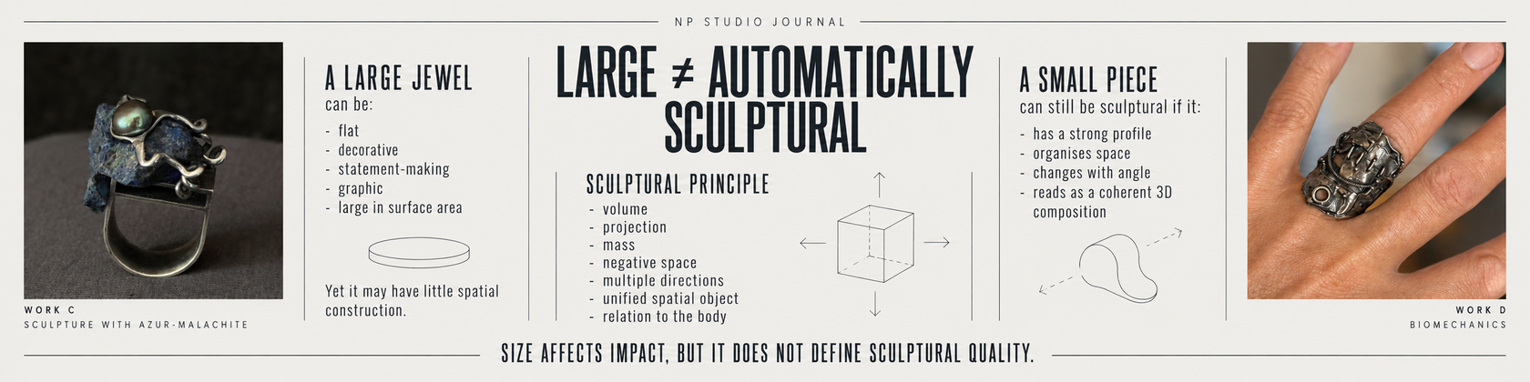 NP Studio Journal infographic showing that a large jewel is not automatically sculptural