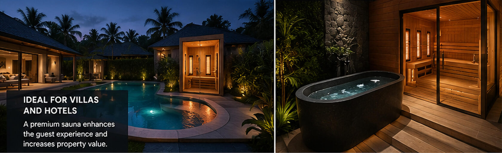 Two photos with premium saunas: one sauna is located in the villa background near the pool, another sauna is paired with a ice bath