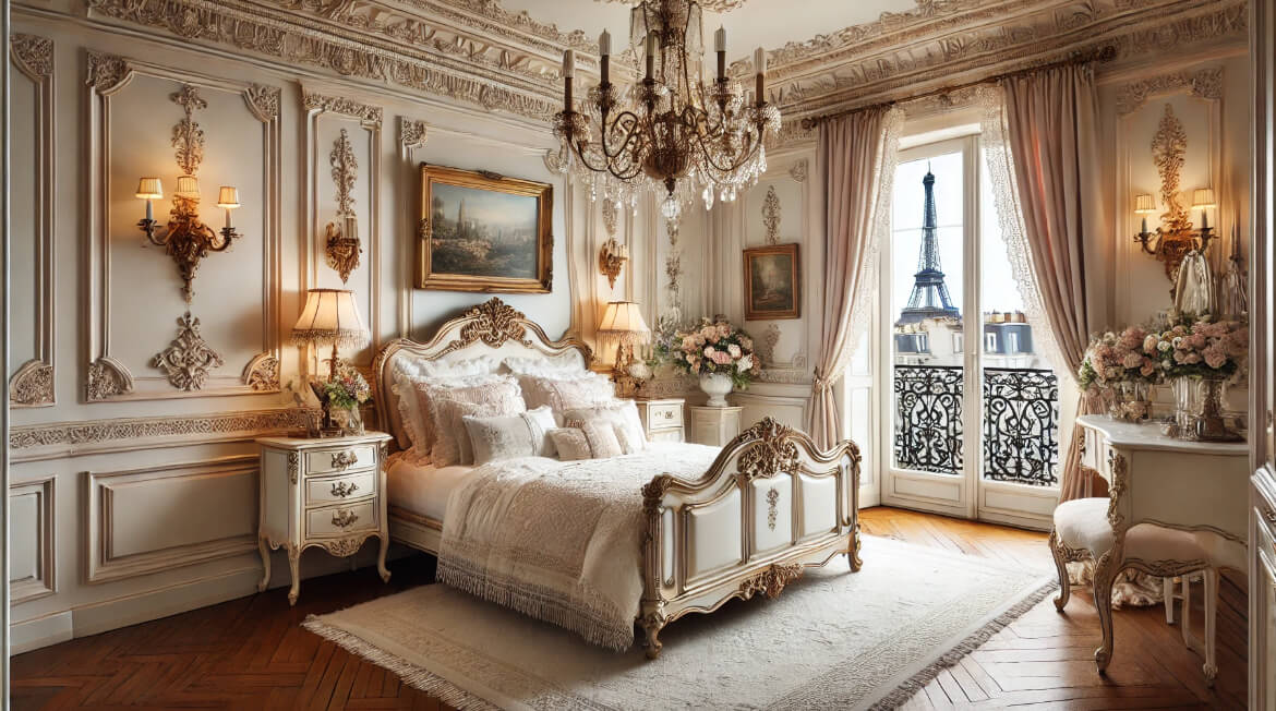 A romantic bedroom with a wrought-iron bed, a crystal chandelier, and a view of a balcony overlooking the rooftops of Paris and the Eiffel Tower.