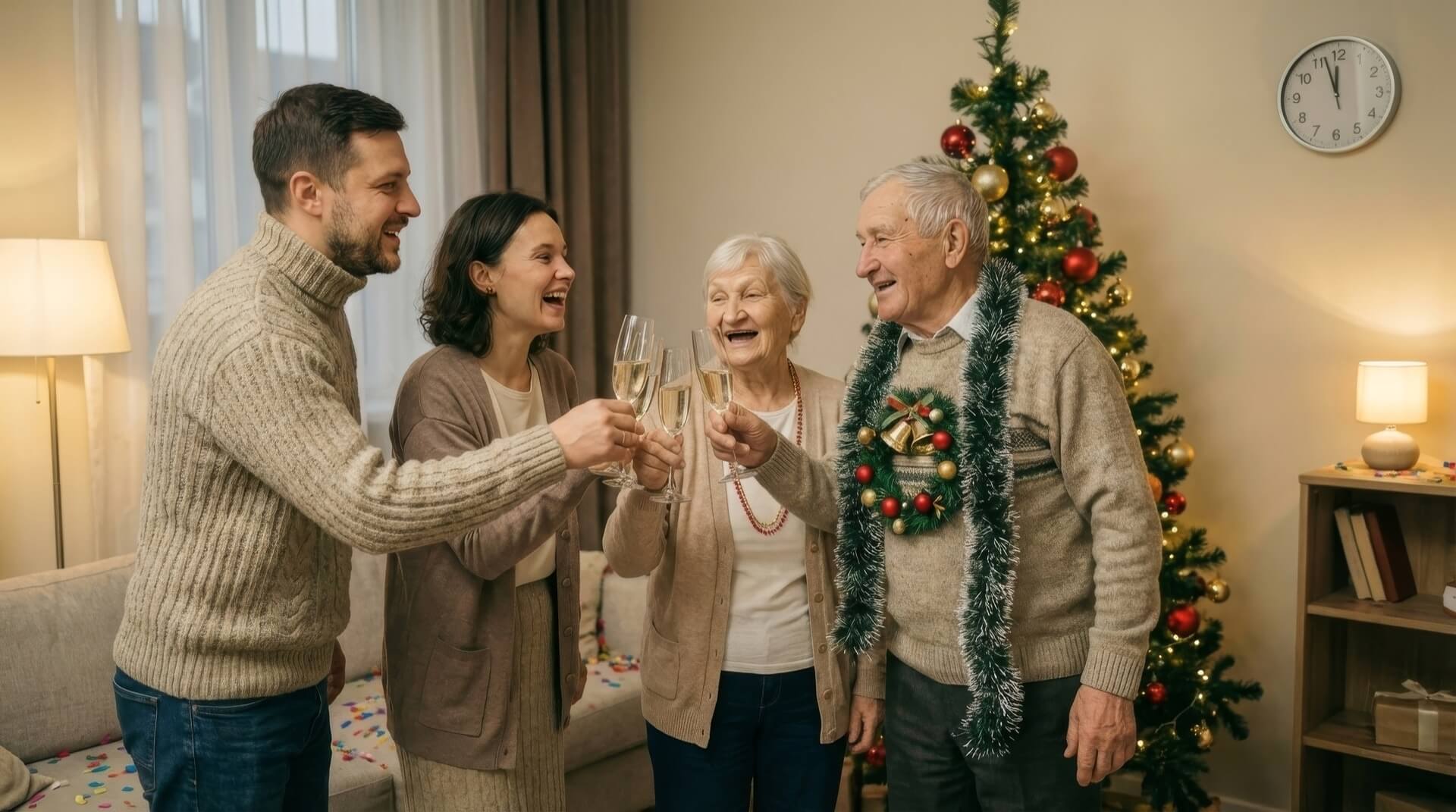 Счастливая семья из четырех человек, включающая пожилую пару и молодую пару, радостно чокается бокалами с шампанским на фоне украшенной новогодней елки в уютной гостиной. Все улыбаются, празднуя Новый год вместе.