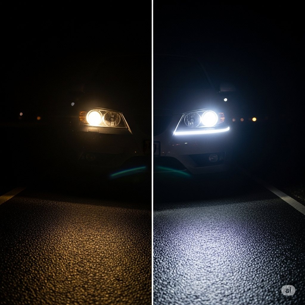 Сравнение света от галогенной и светодиодной автомобильной лампы, закупленной оптом в Китае.