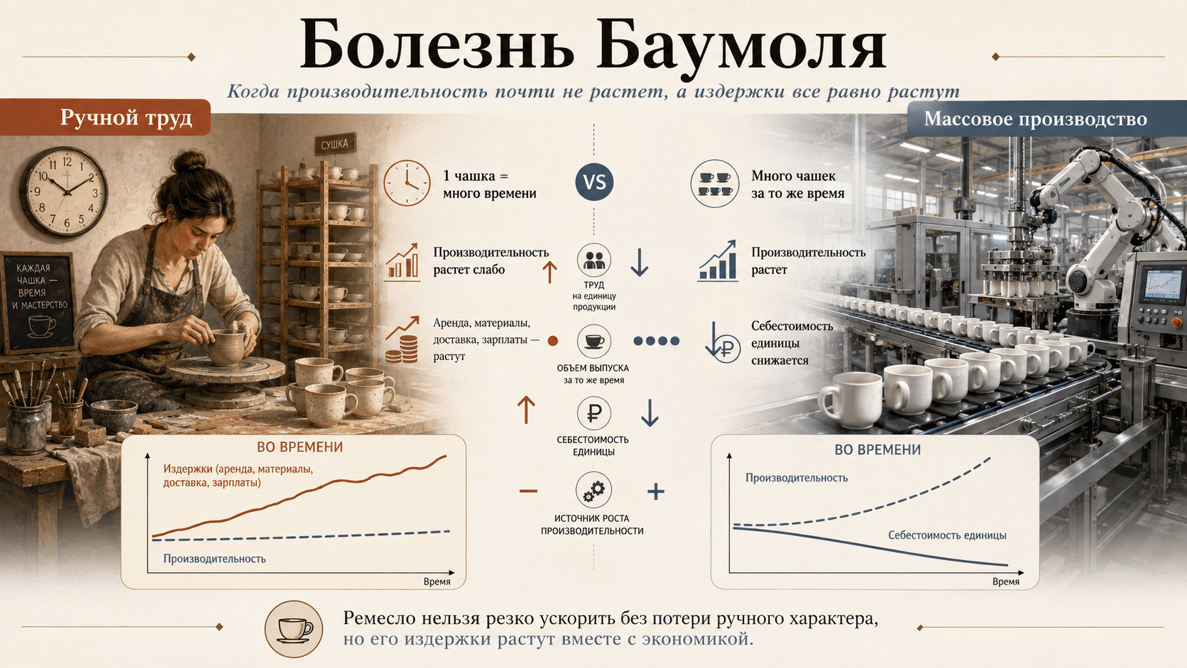 Инфографика о болезни Баумоля на примере ремесла: ручной труд, массовое производство, рост издержек и ограниченная производительность