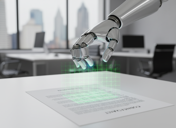 Robot hand reaching down over a proposal on a conference table