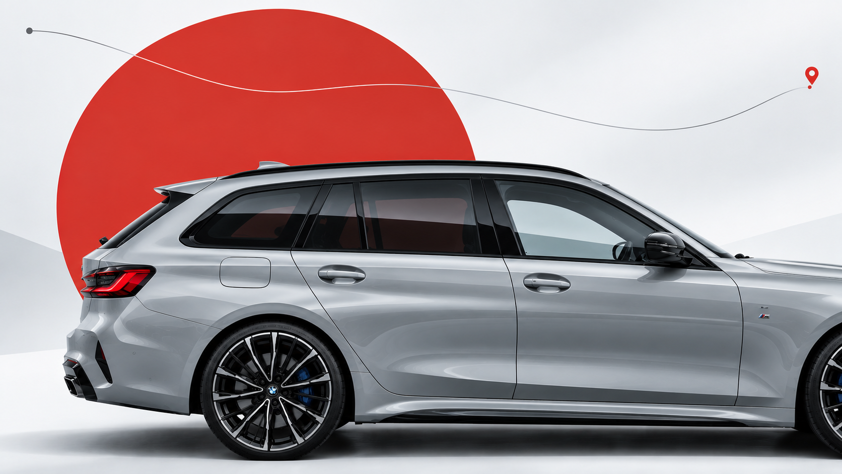 Серый универсал BMW сбоку, над ним линия маршрута до отметки на карте