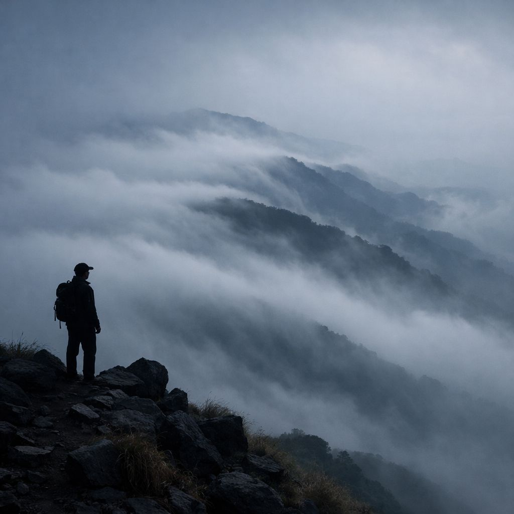 Pendaki berdiri di jalur berbatu Gunung Penanggungan saat kabut tebal menyelimuti lereng pegunungan