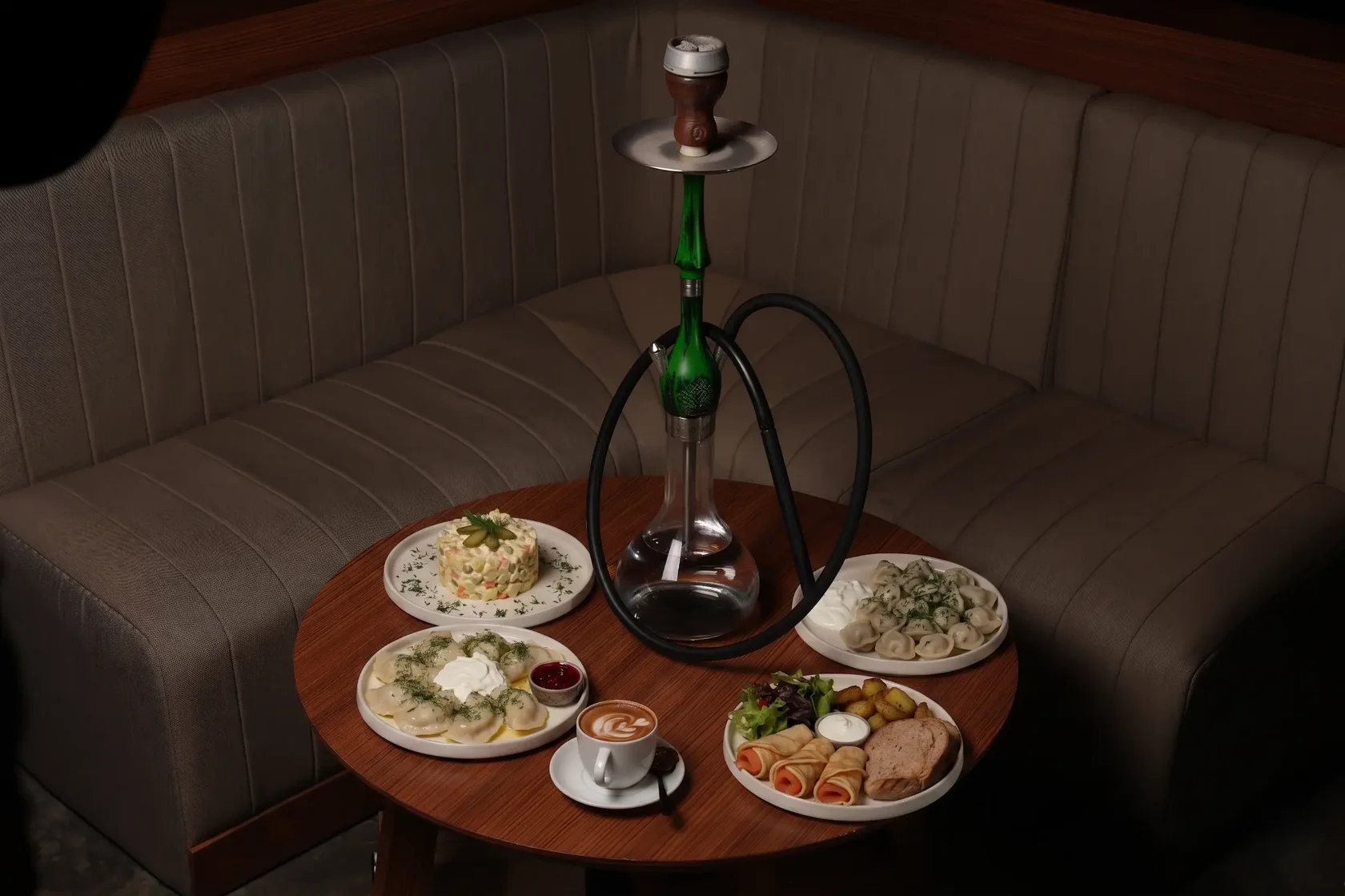 A beautiful spread of delicious dishes and a premium shisha setup, representing the growing scene of Russian food in Bali for digital nomads and travelers.