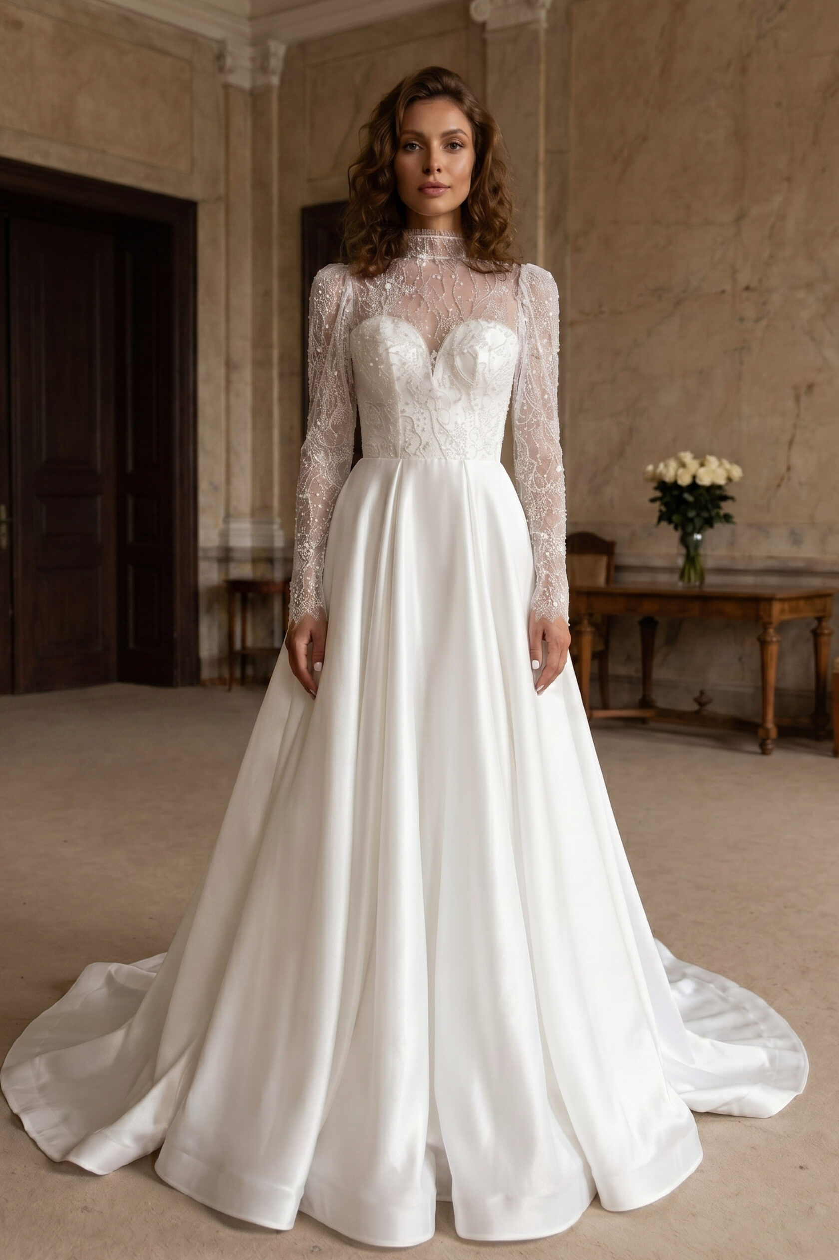 Закрытое свадебное платье ANGELIKA с воротом, рукавами и роскошным шлейфом. PRIMA BRIDAL, Москва.