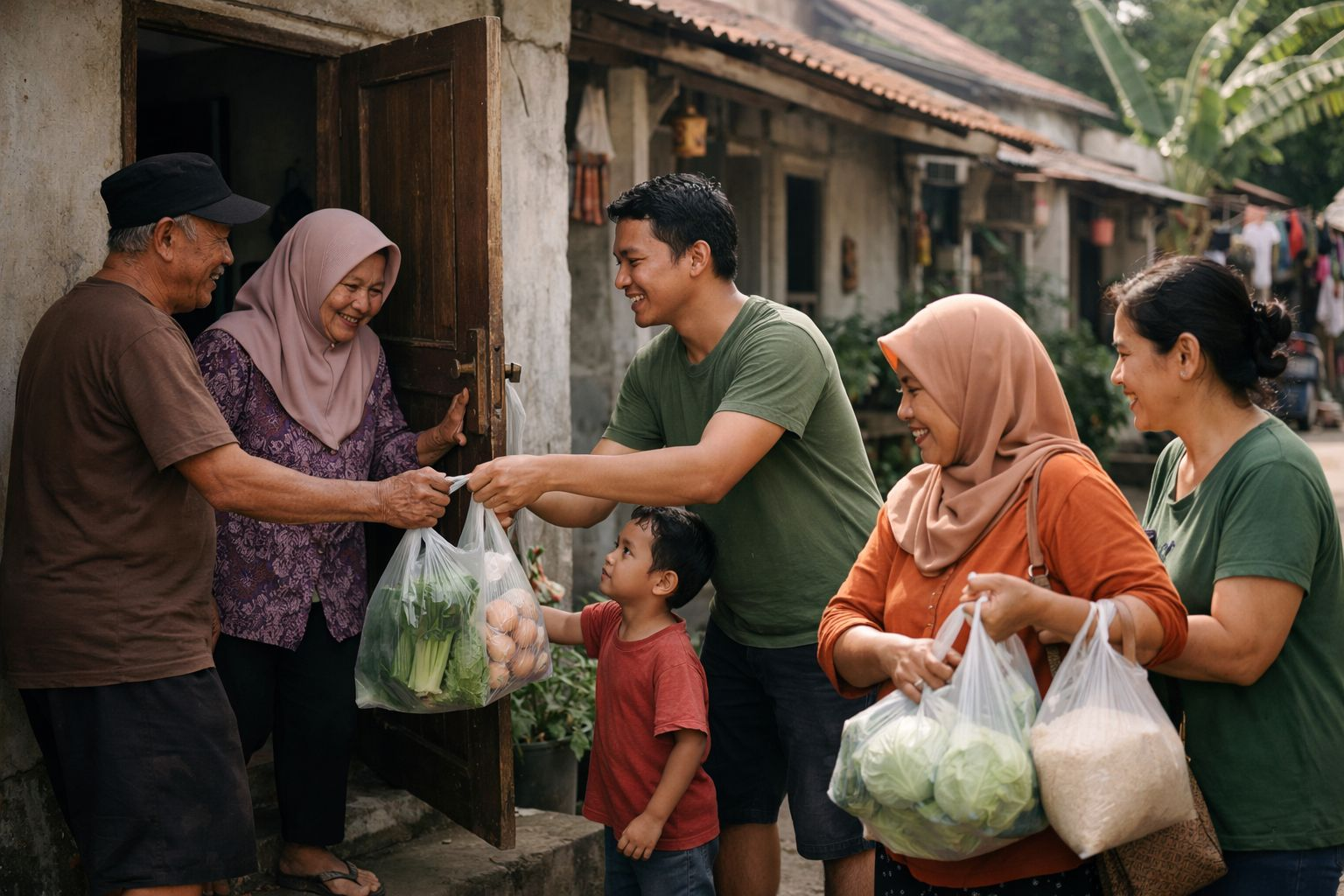 Warga membantu membawakan belanja untuk tetangga sebagai contoh bantuan kecil yang membangun hubungan baik di lingkungan