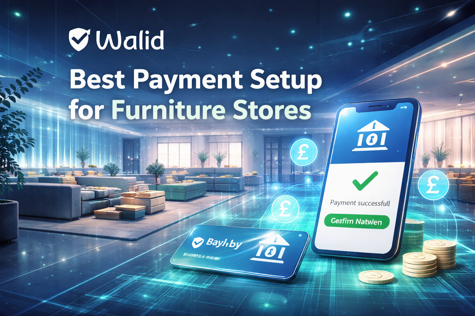 Futuristic illustration of a Shopify furniture store checkout showing a smartphone confirming a pay-by-bank payment through Wallid, highlighting payment infrastructure for high-value ecommerce transactions.