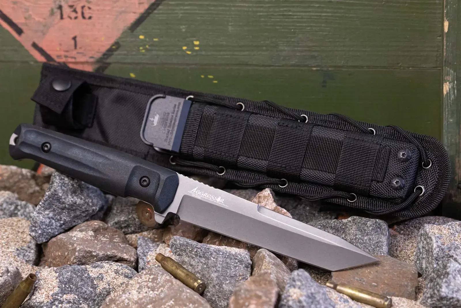 Aggressor D2 TacWash knife with ballistic nylon and polypropylene sheath