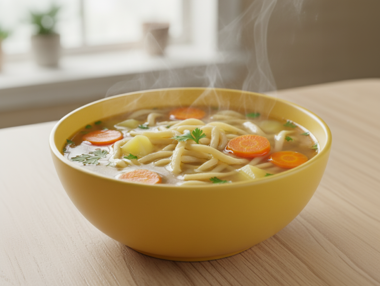 Тарелка овощного супа с домашней лапшой, кусочками картофеля и моркови, посыпанная зеленью.