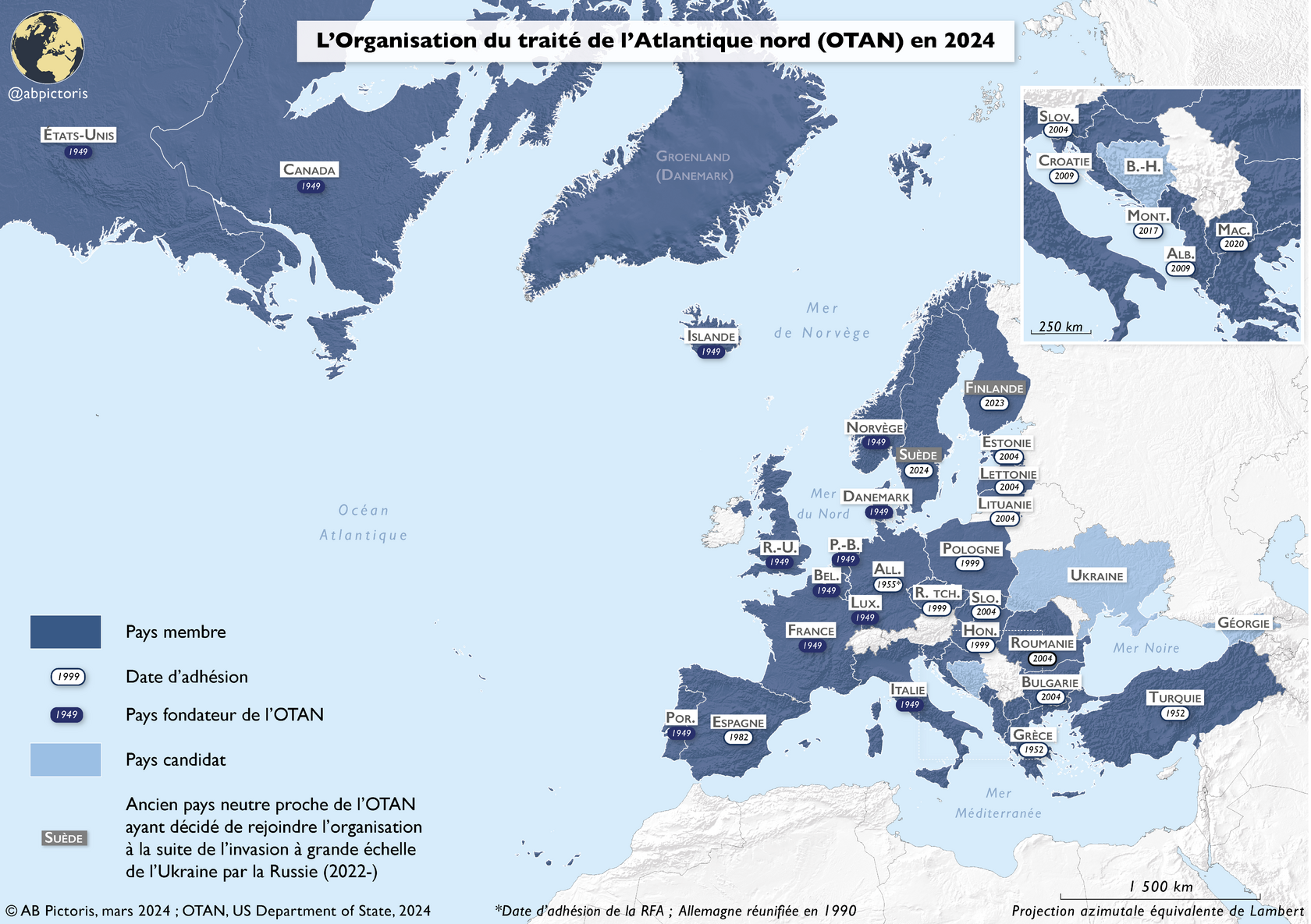 Carte de l&amp;amp;#39;OTAN 2024 montrant les pays membres et les dates d&amp;amp;amp;#39;adhésion, mise à jour avec l&amp;amp;#39;adhésion de la Suède et de la Finlande.