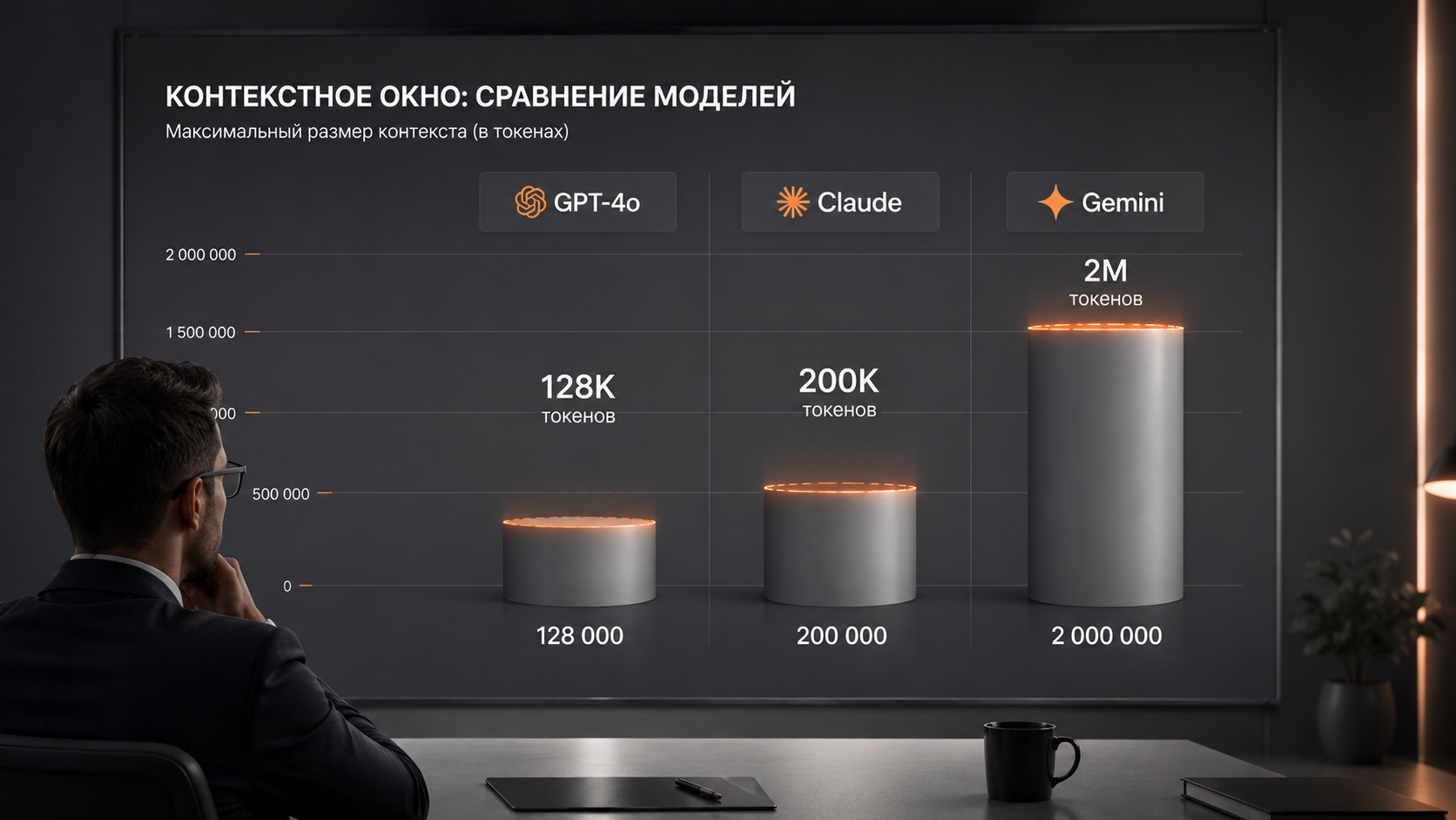 График: контекстные окна разных моделей в виде столбцов, Claude и Gemini явно выше ChatGPT