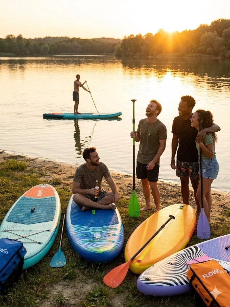 Компания друзей с сапбордами Flowin на закате