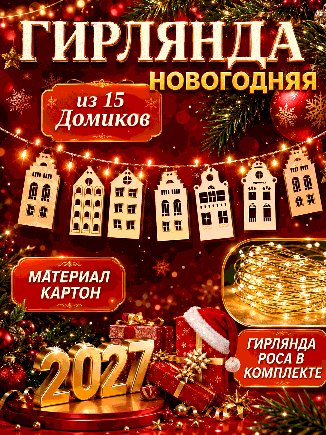 Гирлянда новогодняя из 15 домиков