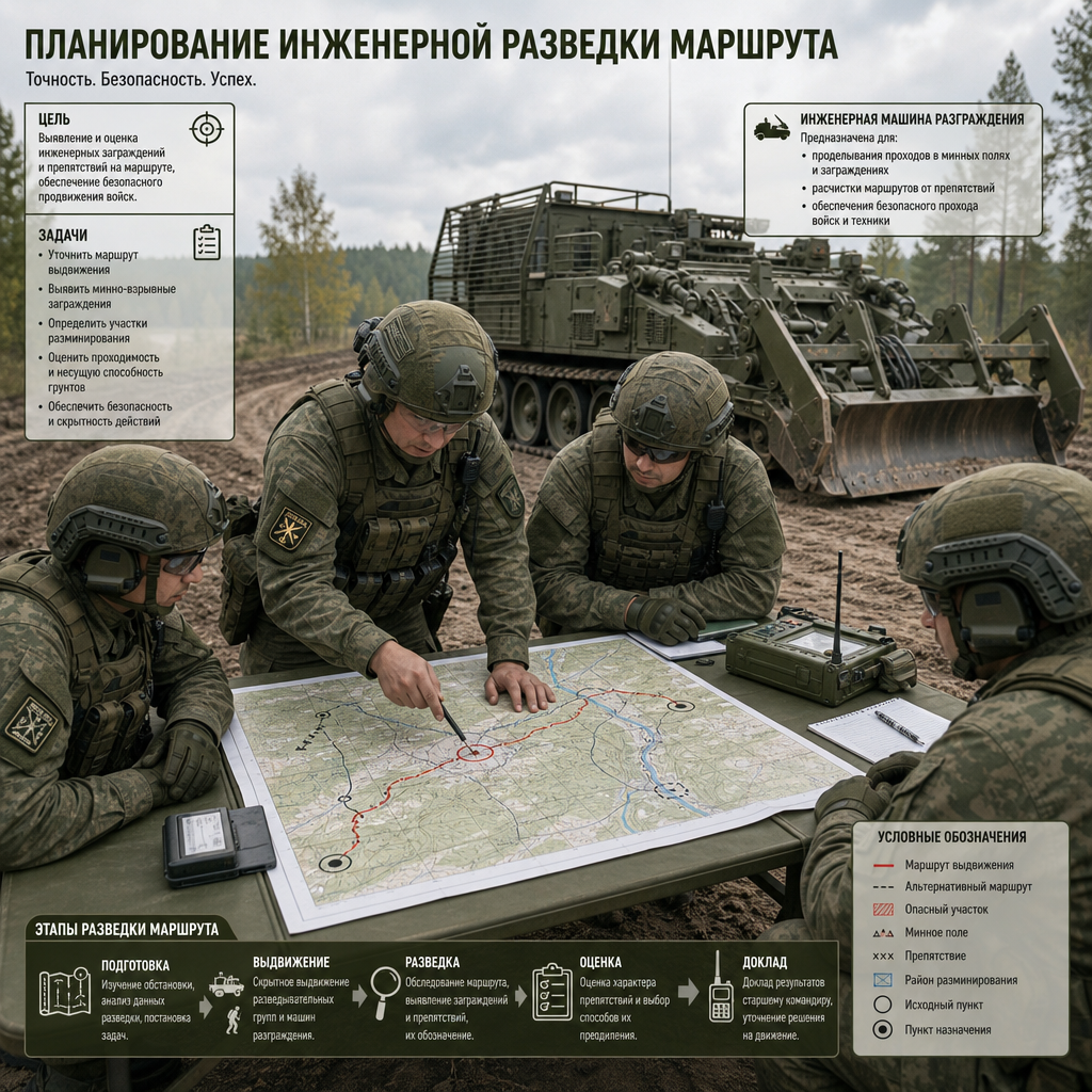 Группа военных инженеров изучает карту местности за полевым столом, рядом стоит инженерная машина разграждения; офицер указывает на точку на карте — идёт планирование инженерной разведки маршрута