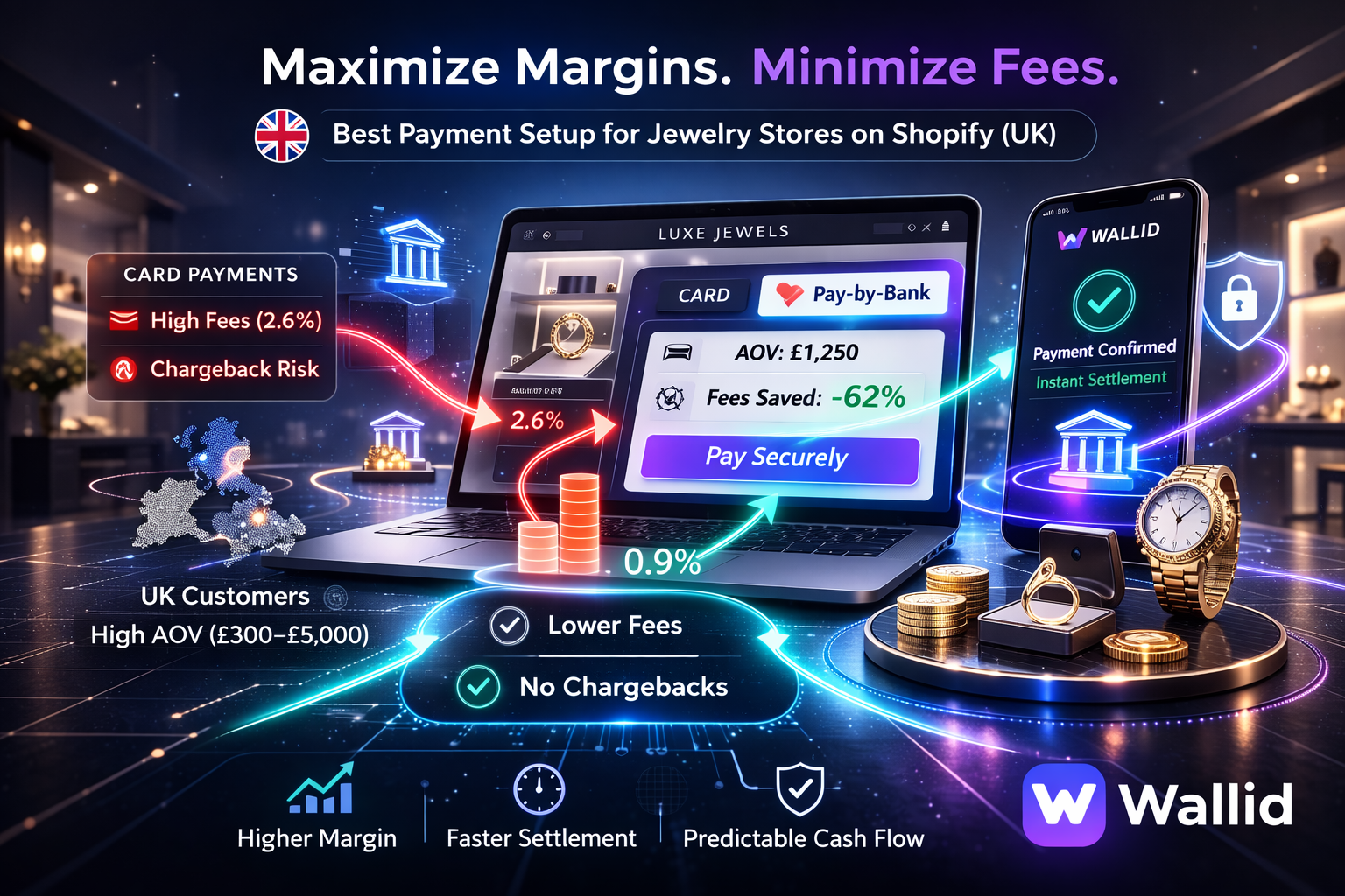 High-tech visual of Shopify jewelry checkout comparing card payments vs Pay-by-Bank for UK merchants, highlighting lower fees, no chargebacks, and improved cash flow with Wallid