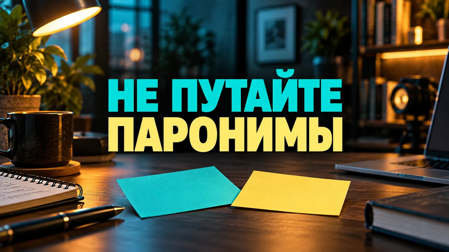Обложка статьи «Паронимы: как выбирать похожие слова и не менять смысл сообщения»: Бирюзовая и жёлтая карточки на редакторском столе под заголовком «Похожие слова». Заголовок «НЕ ПУТАЙТЕ — ПАРОНИМЫ» встроен в изображение.