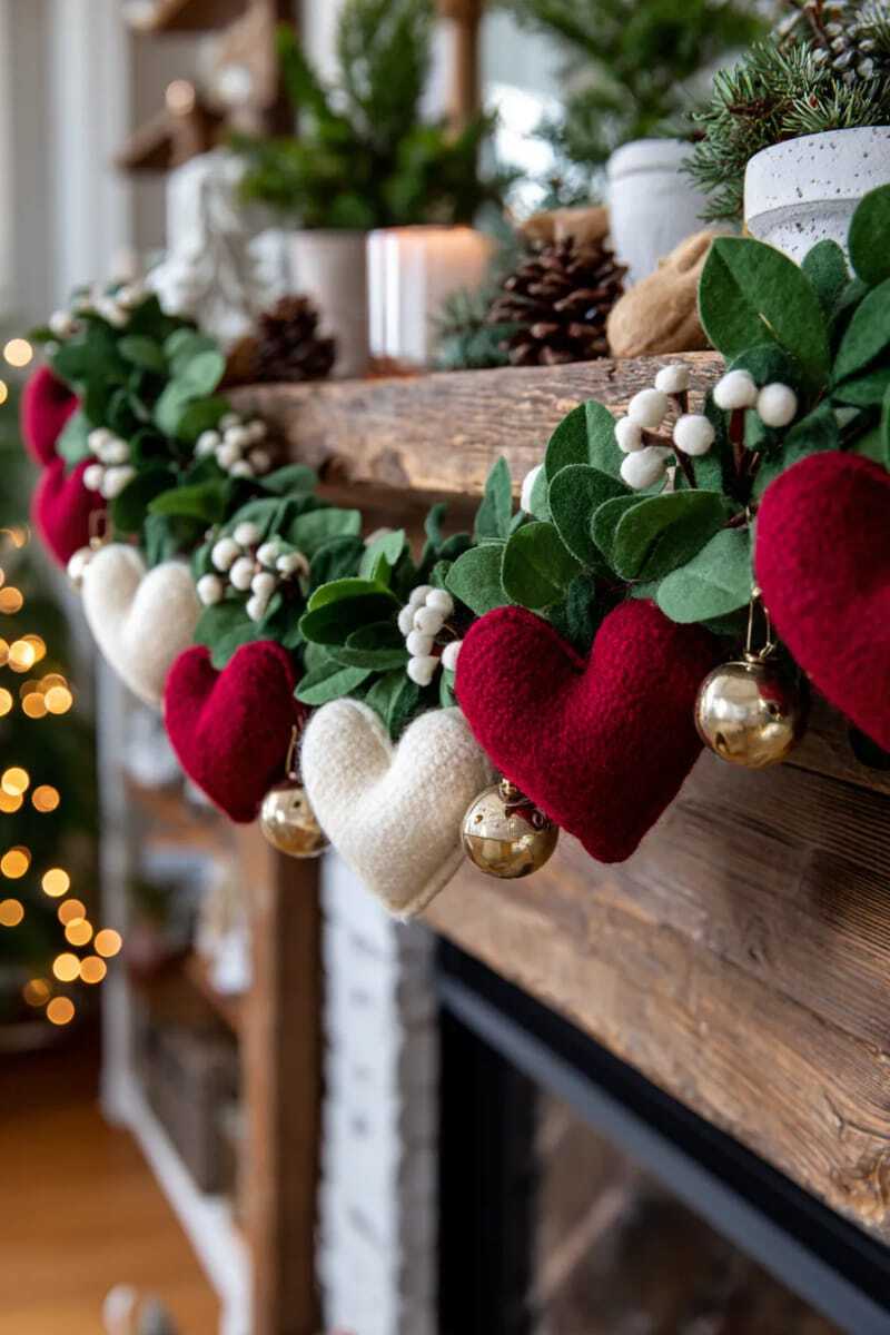 гирлянда из мягких шерстяных сердечек, золотых колокольчиков и листьев омелы 1