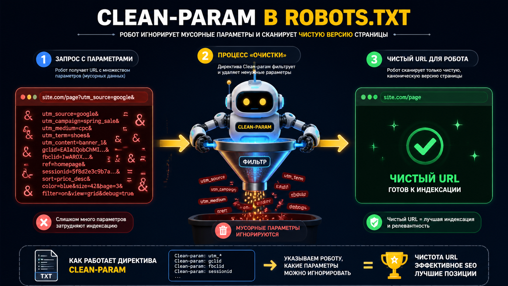 Инфографика: как работает директива Clean-param — робот игнорирует мусорные параметры и сканирует чистую версию страницы