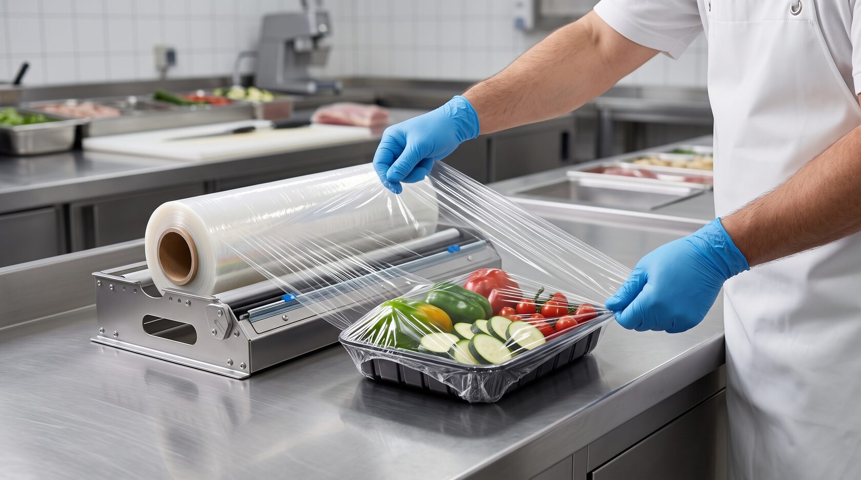 Упаковка продуктов пищевой стрейч-пленкой на холодном столе