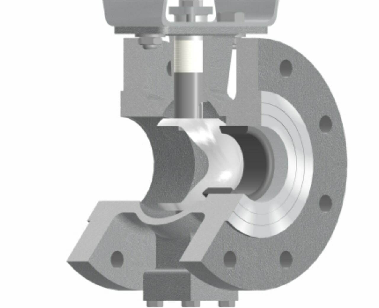 Конструкция запорного органа / трима сегментного регулирующего клапана с V-образным шаровым сегментом Solidna / Солидна. Также называется шаровым краном с V-образным вырезом