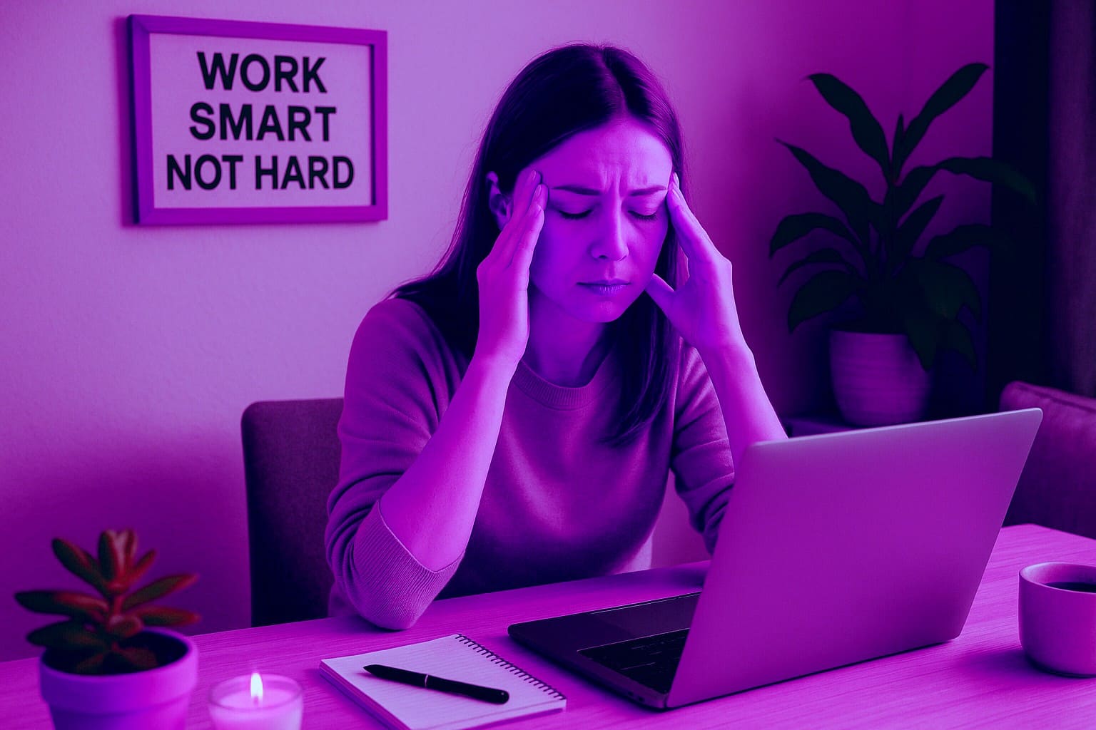 женщина сидит возле ноутбука, держась за голову