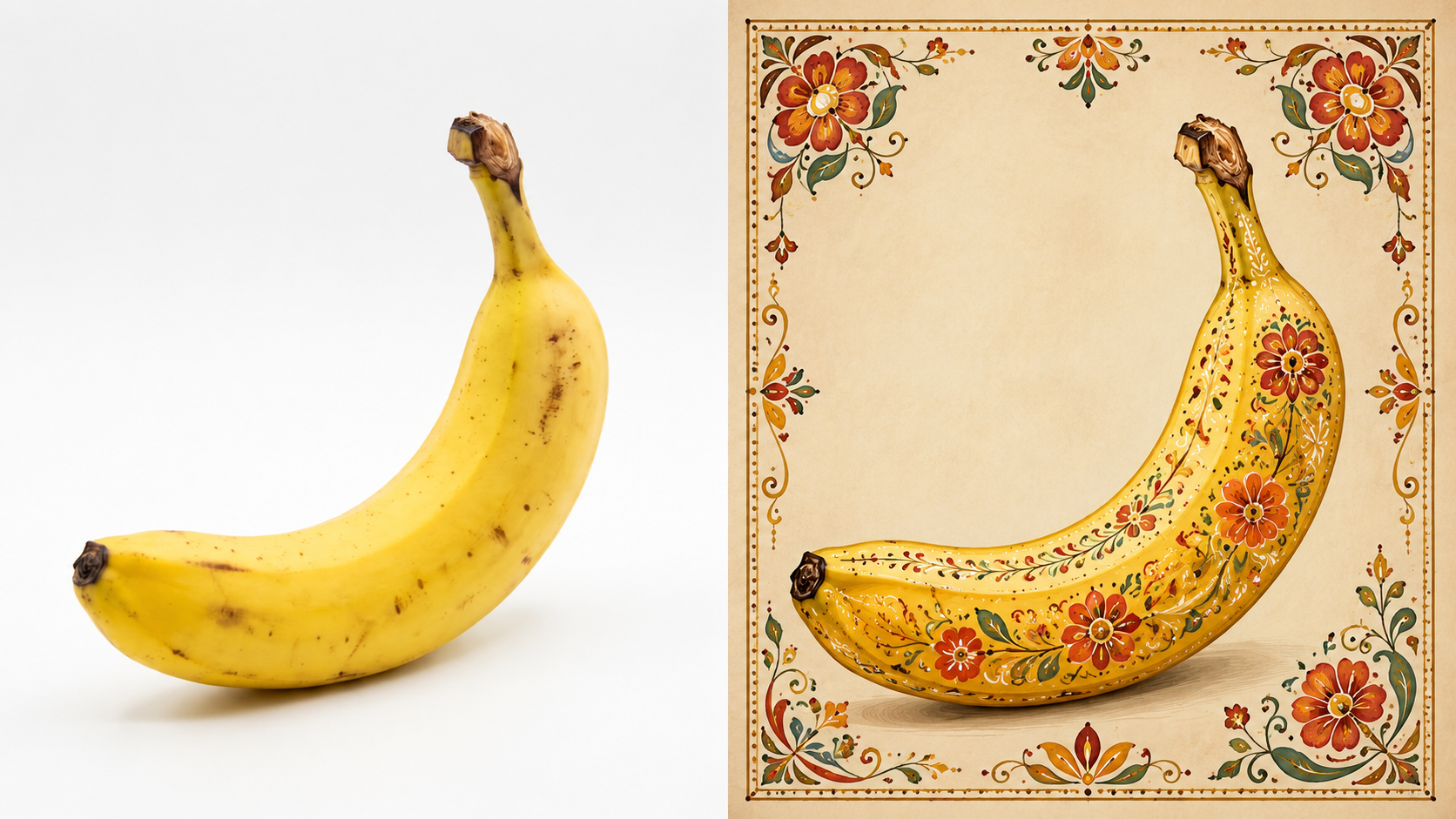 Side-by-side horizontal comparison of a real banana reference photo and a decorative folk-inspired painting of the same banana with floral ornament, warm colors, and hand-painted decorative details.