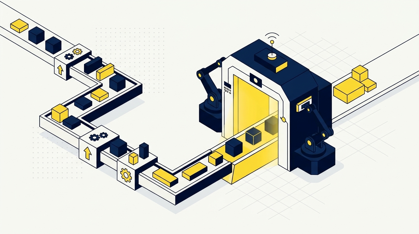 Flat geometric illustration of a data pipeline feeding directly into an AI agent procurement system.