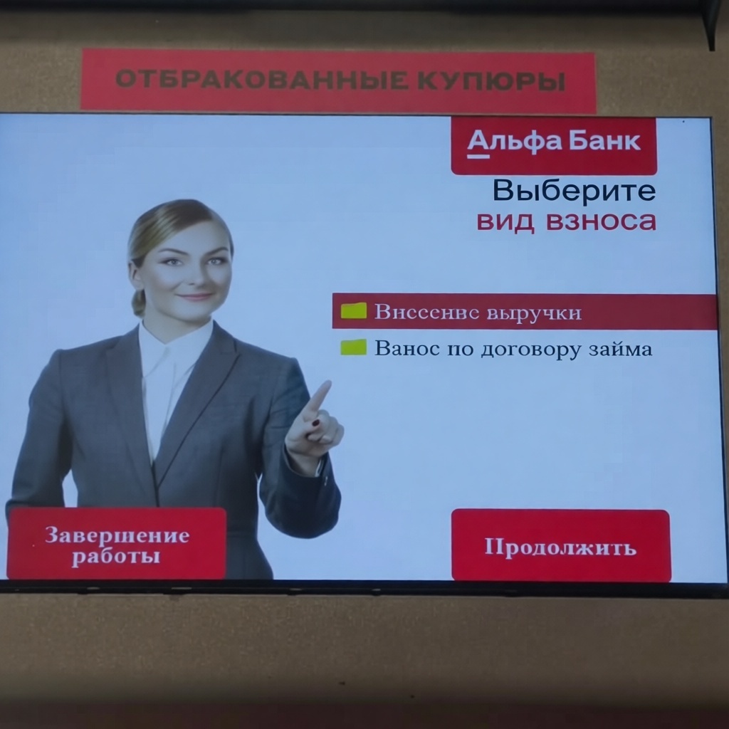 На экране изображена женщина в деловом костюме, указывающая пальцем. В верхней части экрана надпись «Отбракованные купюры». Есть кнопки «Завершение работы» и «Продолжить».