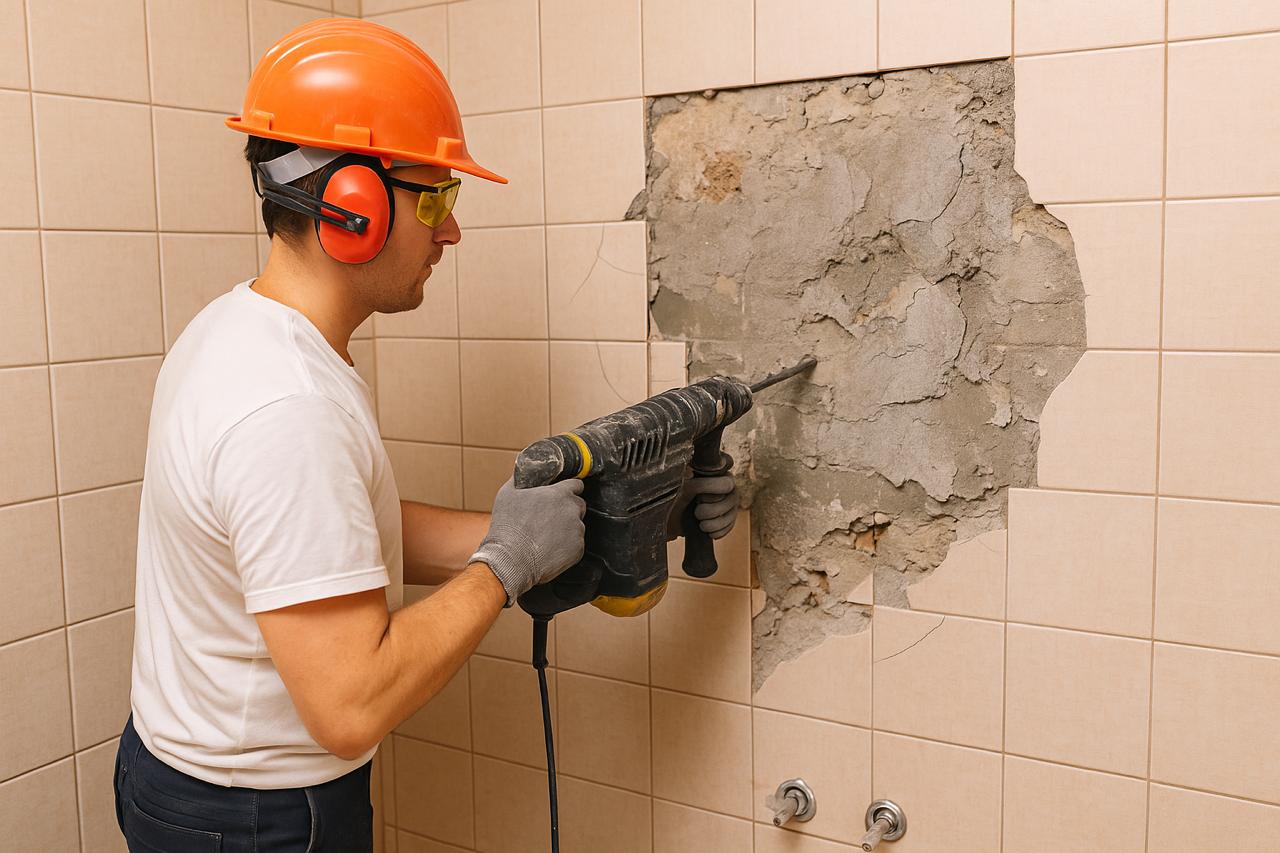 майстор кърти бетонна стена в баня с професионален перфоратор – безопасна работа с каска и очила, ремонт и къртене на баня без щети