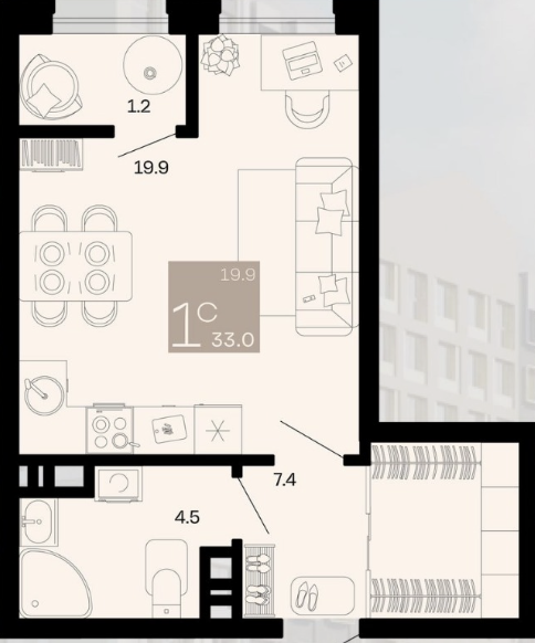 Планировка студии 33 м²